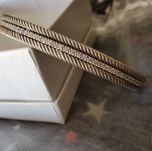 Yurman Like Silver Twisted Rope Bracelet with Clear Stones